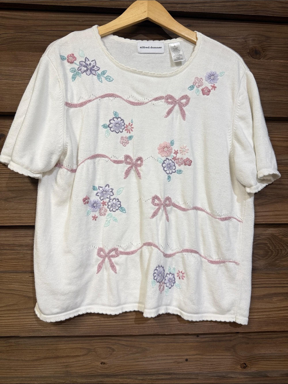 Alfred Dunner Short Sleeve Blouse with Pastel Floral Embroidery and Pink Bows